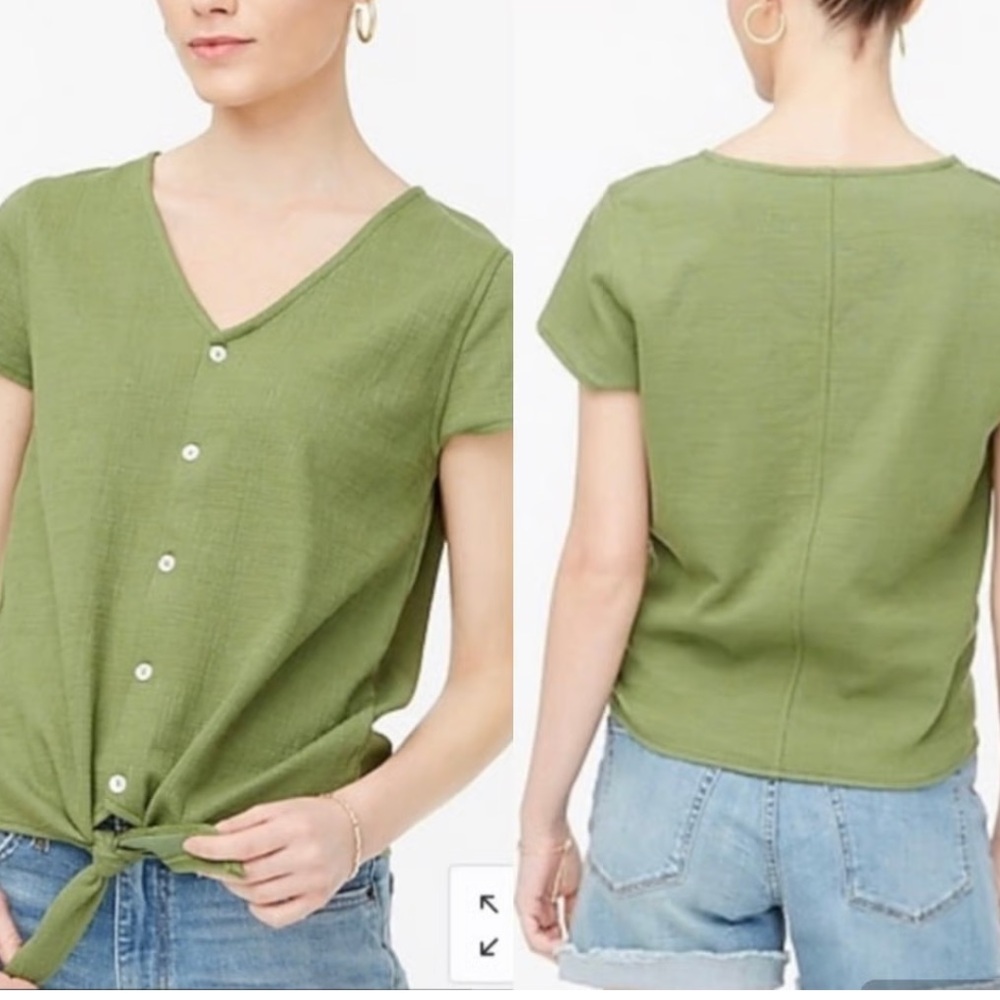 J. Crew Olive Green Textured V-Neck Tie-Front Button-Down Top Size XL Casual